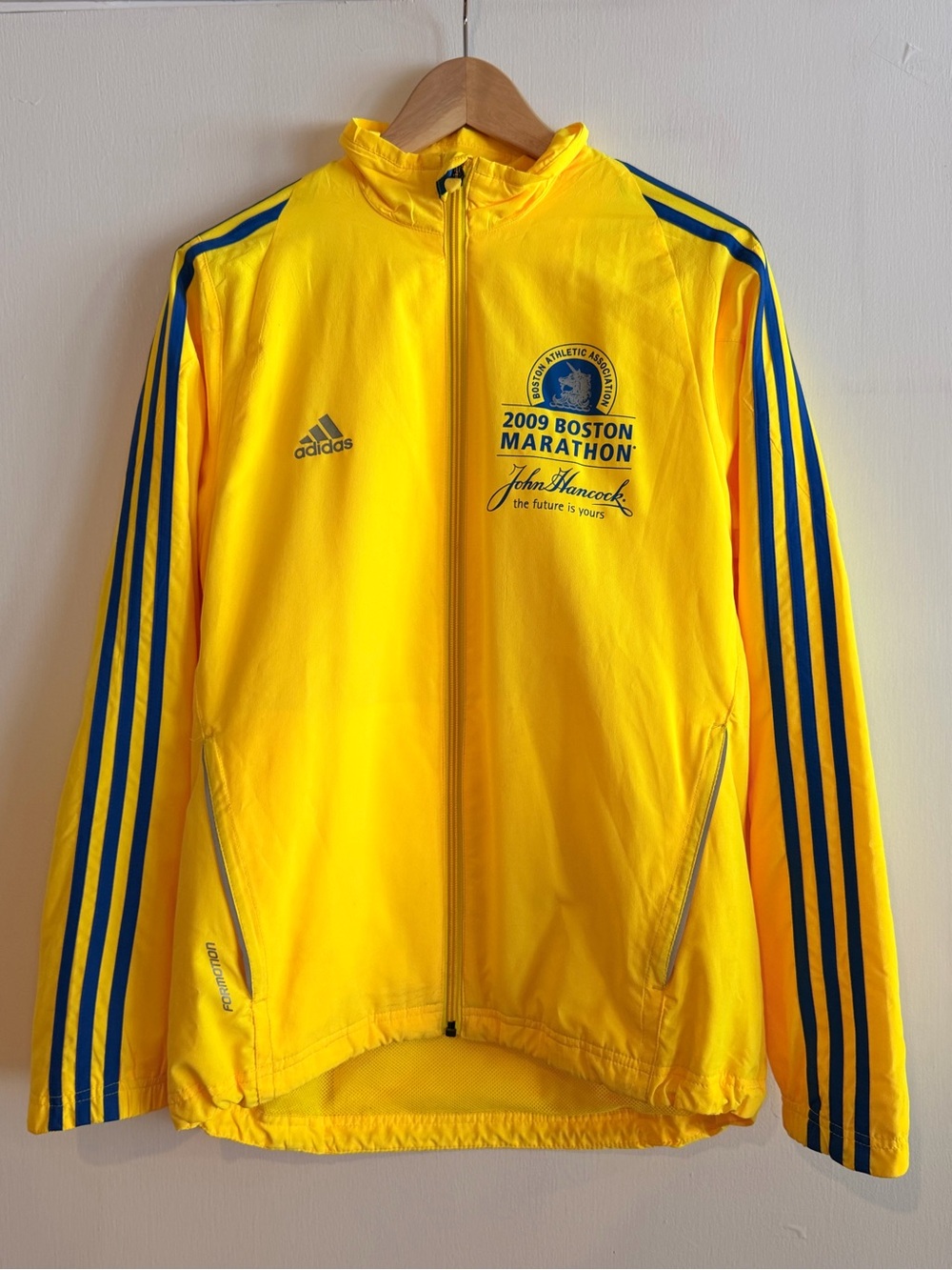 adidas Yellow 2009 Boston Marathon Performance Jacket with Blue Stripes